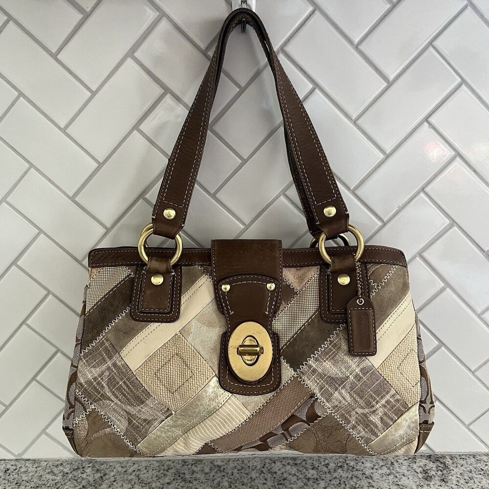 Coach 12524 Y2K Patchwork Shoulder Bag Brown Beige Leather Suede Satchel Purse